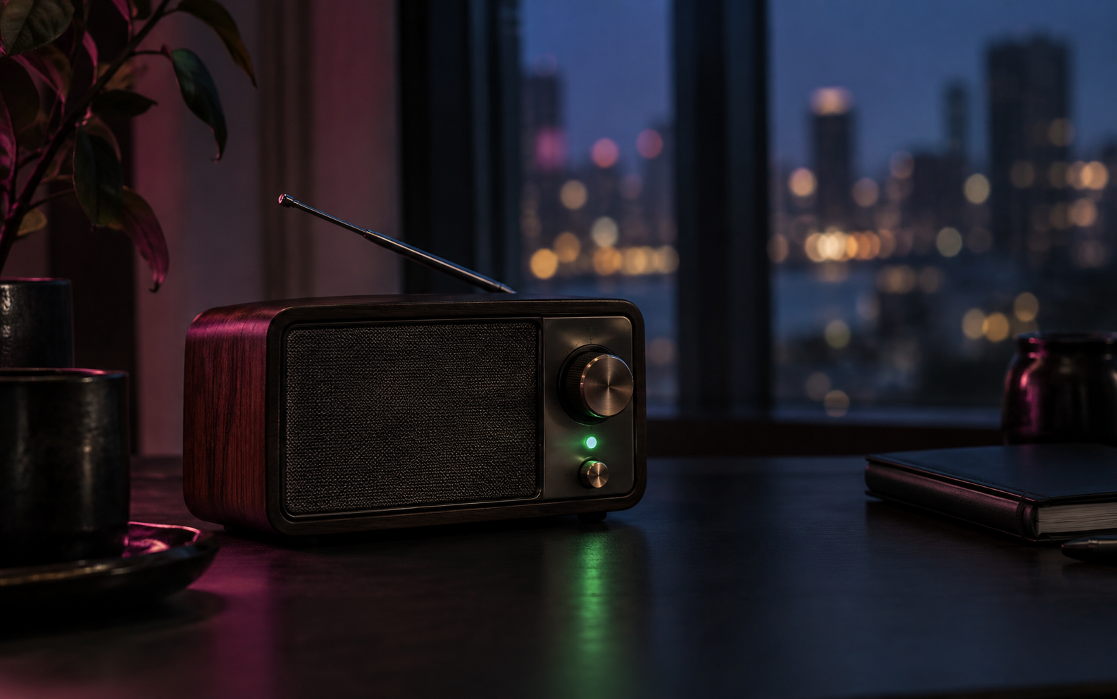 An illuminated radio by a window at dusk